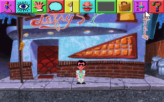 Leisure Suit Larry 1 VGA remake, Lefty's Bar exterior. The icon bar is showing.